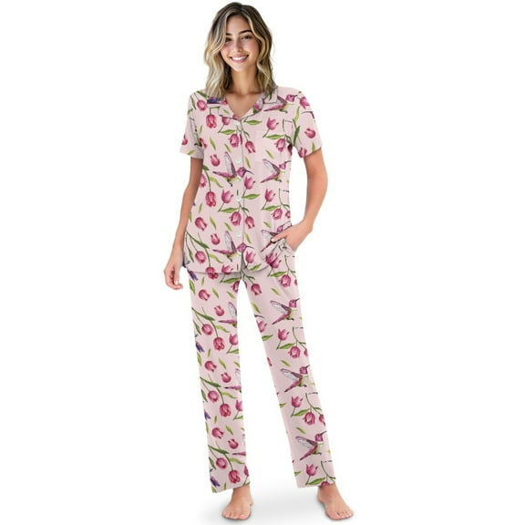 TSOVTHRID Tulip Hummingbird Print Pajama Set for Women Button Down Sleepwear Soft Short Sleeve Pjs with Long Pants Notch Collar Loungewear Set, Size M