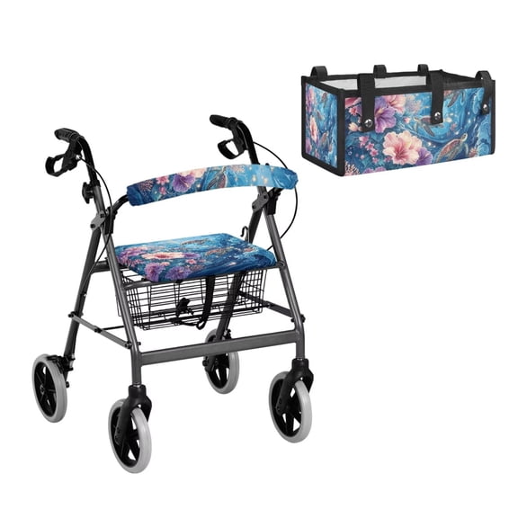 TSOVTHRID Turtle Hibiscus Sea Print Rollator Walker Seat Covers Set, Lightweight Rollator Walker Seat & Backrest Covers with Easy to Install Storage Under Seat Bag