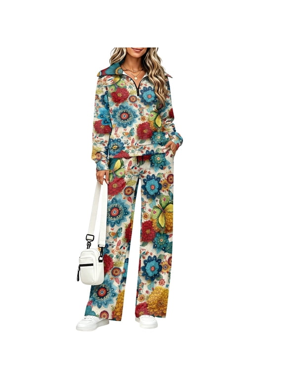 Vibrant Boho Floral 2 Piece Sets for Women Quarter Zip Pullover Wide Leg Pants with Pockets, Soft Fall Loungewear Casual Travel Vacation Tracksuit, 2XL