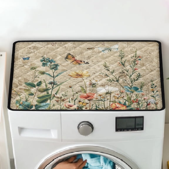 TSOVTHRID Vintage Butterfly Floral Letter Print Washing Machine Dust Cover Top Mat Washable Washer Dryer Top Cover Pad Appliance Protector for Washer Microwave Refrigerator
