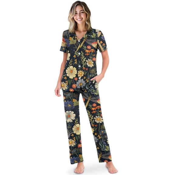 TSOVTHRID Vintage Dragonfly Daisy Flower Print Pajama Set for Women Short Sleeve Sleepwear with Long Pants Button Down Pajamas Soft Loungewear, Size S