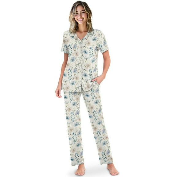 TSOVTHRID Vintage Flowers Print Pajama Set for Women Short Sleeve Sleepwear with Long Pants Button Down Pajamas Soft Lounge Set, Size S