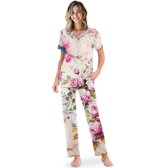 TSOVTHRID Vintage Rose Print Pajama Set for Women Soft Short Sleeve Pajama with Long Pants Breathable Nightwear, Size XL