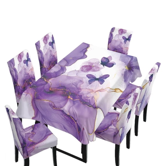TSOVTHRID Violet Butterfly Marble Print 7 Pcs Dining Chair Covers and Tablecloth Set, Stain Resistant Table Cloth Dining Chair Slipcovers for Holiday Festival Decoration