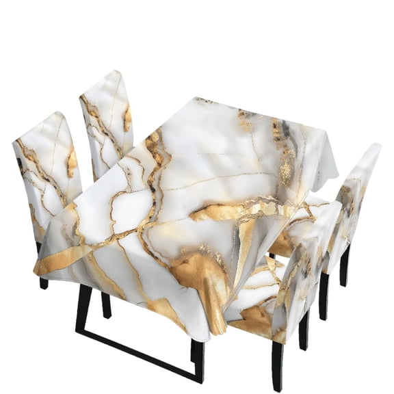 TSOVTHRID White Golden Marble Print 5 Pcs Table Cloth with Chair Covers Set Easy-Clean Elastic Rectangle Tablecloth with Seat Slipcover Set of 4 for Home Restaurant Hotel Decor