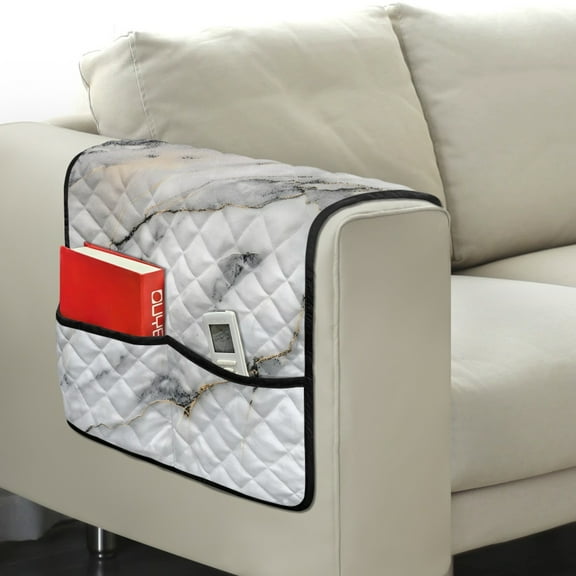 TSOVTHRID White Golden Marble Print Armrest Cover for Sofa Diamond Pattern Couch Arm Protector with 2 Pockets Anti-Slip Armchair Slipcovers for Dogs Cats Pet Loveseat Arm Covers