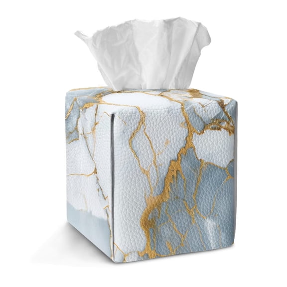 TSOVTHRID White Golden Marble Print Square Tissue Box Cover, Portable Facial Paper Case Holder Easy Refill PU Leather Tissue Box Decorative for Bathroom Vanity Countertop, Home