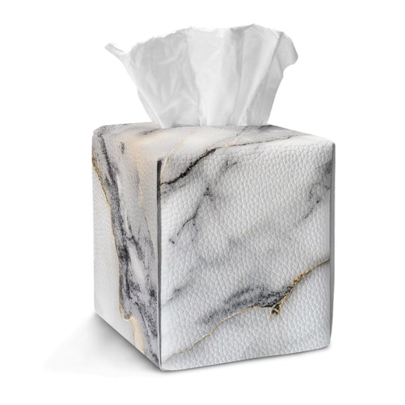 TSOVTHRID White Marble Print Tissue Box Cover Holder, Leather Cover for Square Tissue Box Waterproof Facial Tissue Case Decoration for Bathroom Living Room