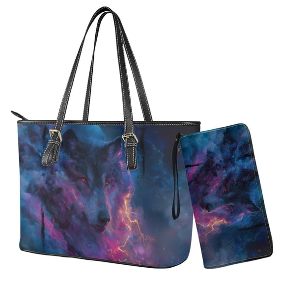 TSOVTHRID Wolf Lightning Cloud Print Handbag and Wallet Set Lightweight Purple Top Handle Handbag Satchel with Matching Wristlet Wallet Waterproof Leather Tote Bag Shoulder Hobo Bag