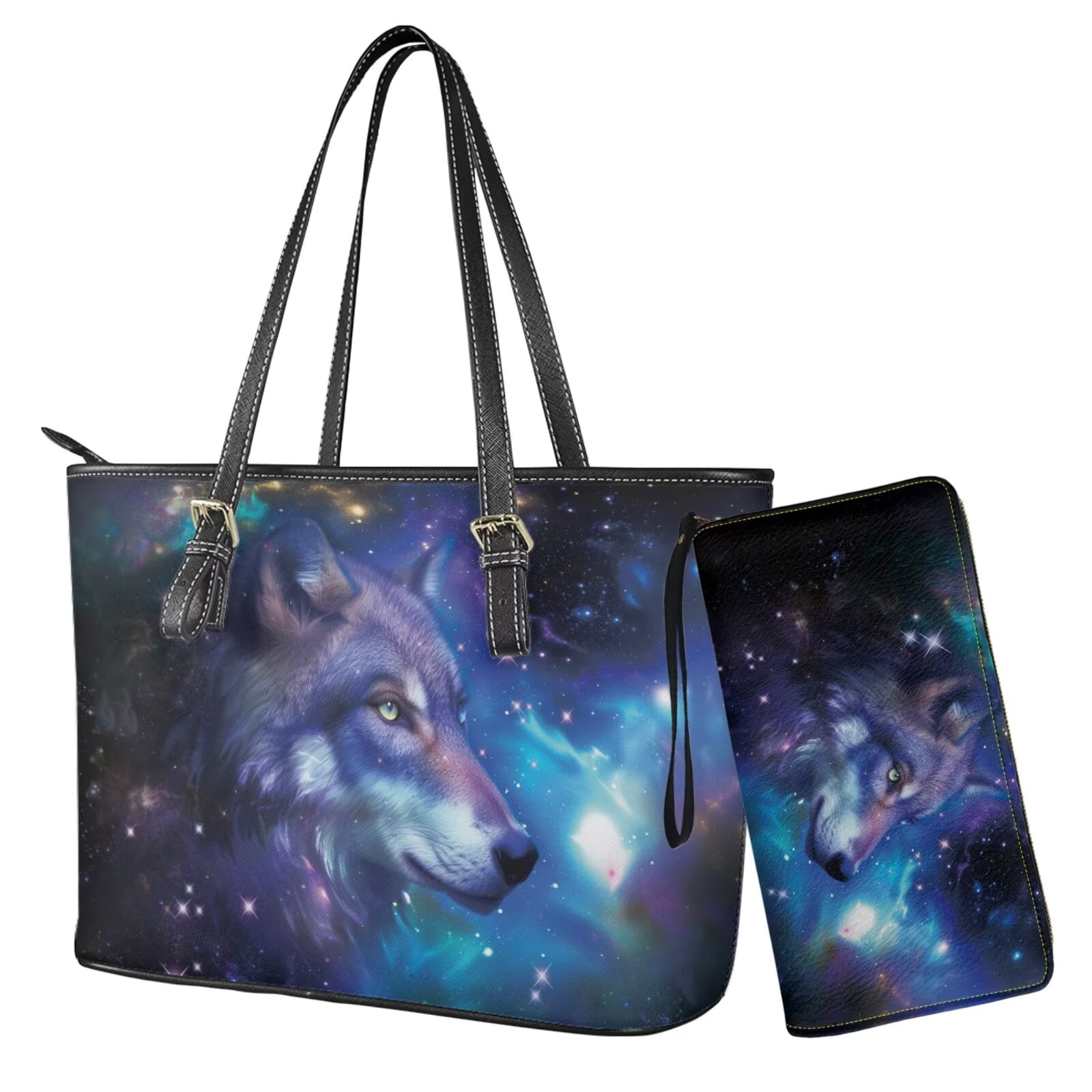TSOVTHRID Wolf Star Galaxy Print Womens Handbag with Matching Wallet Large Shoulder Tote Bag Top Handle Purse Black Blue PU Leather Clutch Purse Satchel Handbag for Women