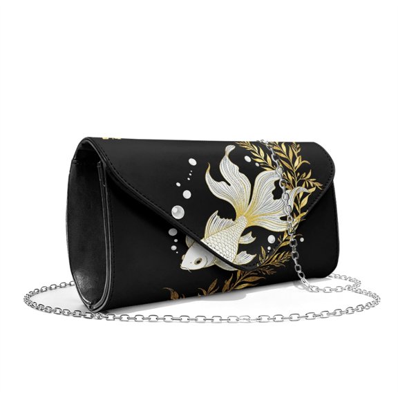 TSOVTHRID Women's Clutch Purses Goldfish Leaf Black Print Ladies Party Handbag Dressy Evening Bag Gifts for Women Cocktail Clutch Handbags with Chain Strap