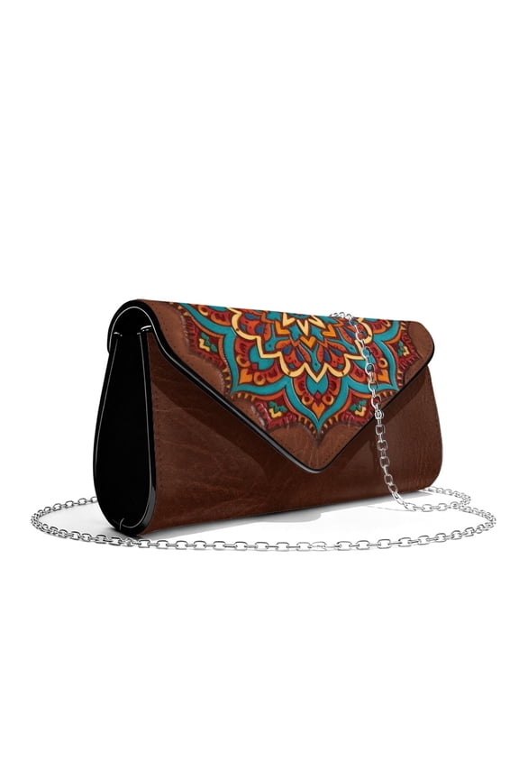 Women's Clutch Purses Ladies Party Handbag Lightweight Evening Envelope Bag for Formal Wedding Party Cocktail Prom with Chain, Brown Boho Mandala Flower Print