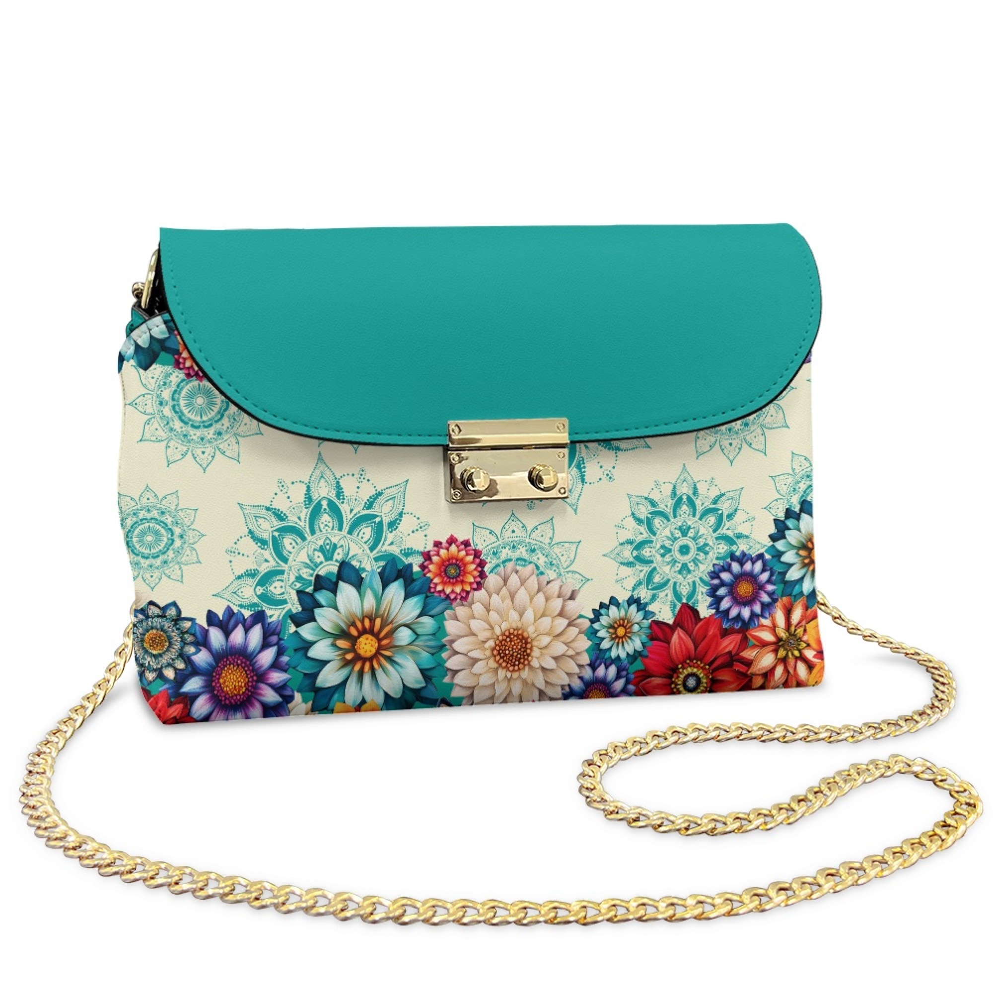 TSOVTHRID Women's Crossbody Handbags Leather Waterproof Crossbody Bags for Women Trendy Cross Body Bag with Detachable Chain, Boho Mandala Flower Turquoise Print