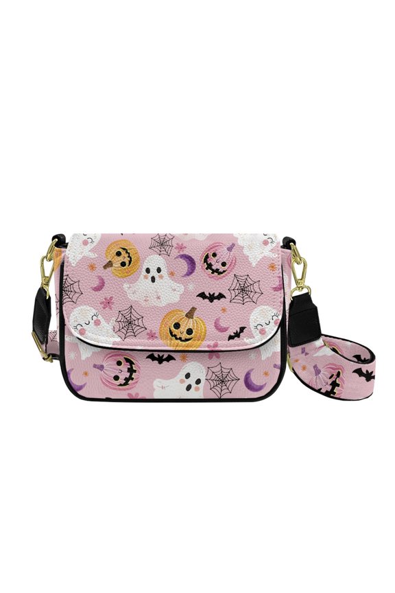 Women's Crossbody Purse, PU Leather Crossbody Bag, Small Shoulder Handbags for Women Casual Daily Shopping Use, Pink Ghost Pumpkin Cobweb Bat Print