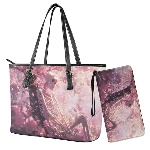 TSOVTHRID Women's Handbag with Matching Wallet 2-Piece Purse and Wallet Set Large Capacity Pink Top Handle Tote Bag Hobo Shoulder Handbag for Women, Skull Skeleton Cherry Blossom Print