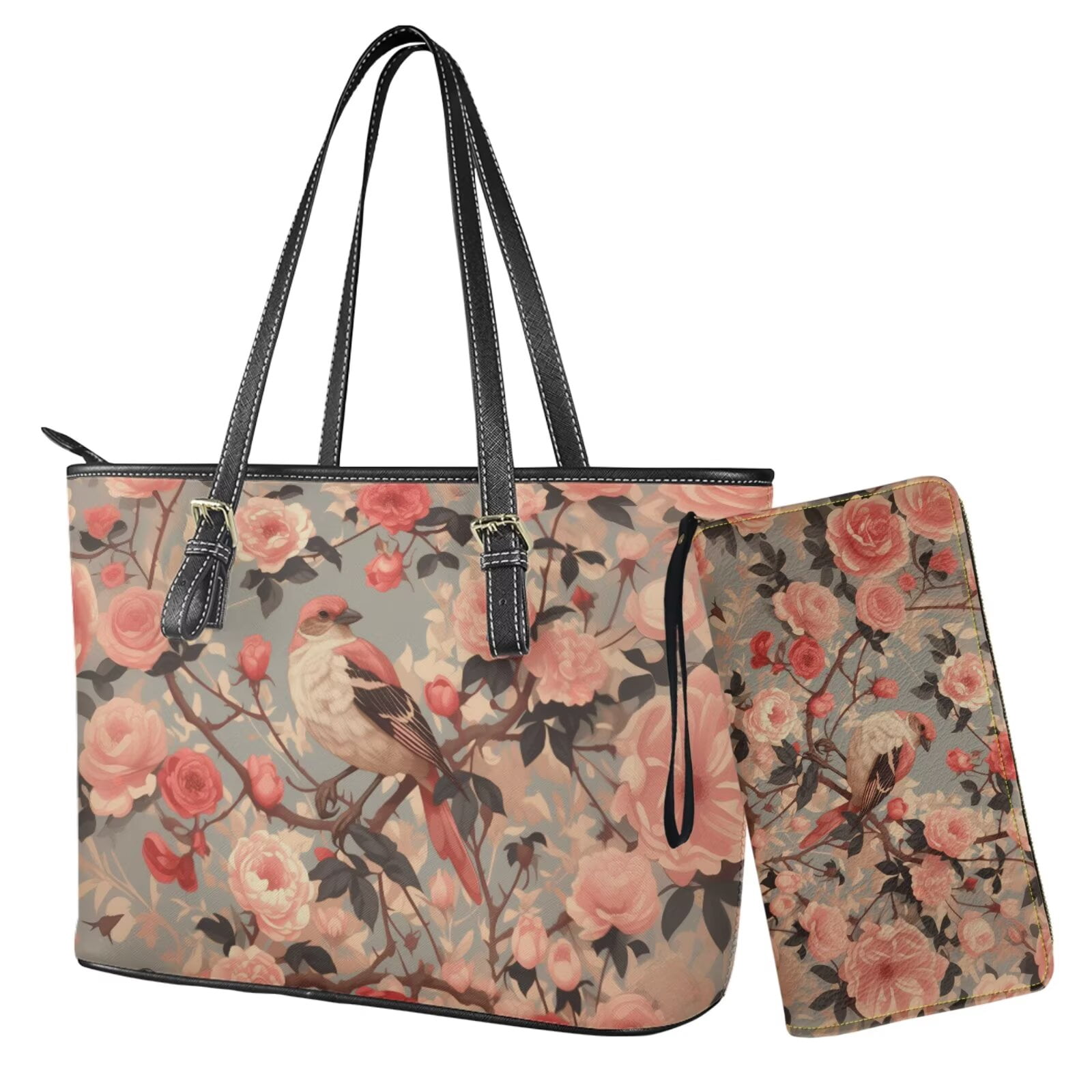 TSOVTHRID Women's Handbag and Wallet Set Bird Rose Vintage Print Top Handle Purse Large Tote Shoulder Bag Waterproof Satchel Handbag with Matching Leather Wallet