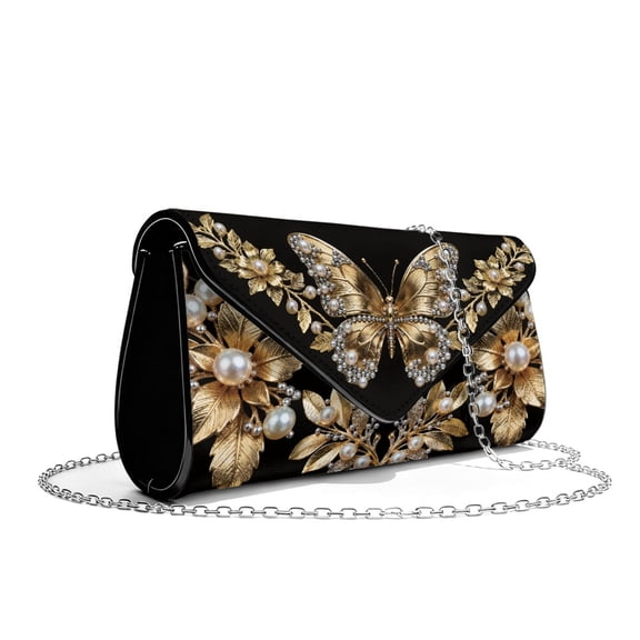 TSOVTHRID Womens Clutch Purses Ladies Evening Bags Elegant Wedding Bag for Women Party Handbags with Detachable Chain Strap for Cocktail Prom, Gold Butterfly Pearl Floral Black Print