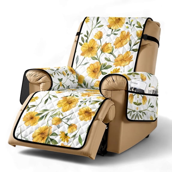 TSOVTHRID Yellow Flower White Print Recliner Chair Covers Lazy Boy Recliner Covers Stay in Place Couch Cover Slipcovers Non-Slip Furniture Protector with Elastic Strap for Pets