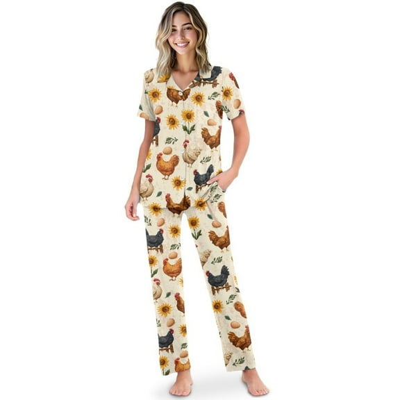 TSOVTHRID Yellow Sunflower Chicken Egg Print Pajama Set for Women Button Down Pajama Sets with Long Pants Soft Nightwear Pjs Set Short Sleeve Womens Lounge Set, Size L