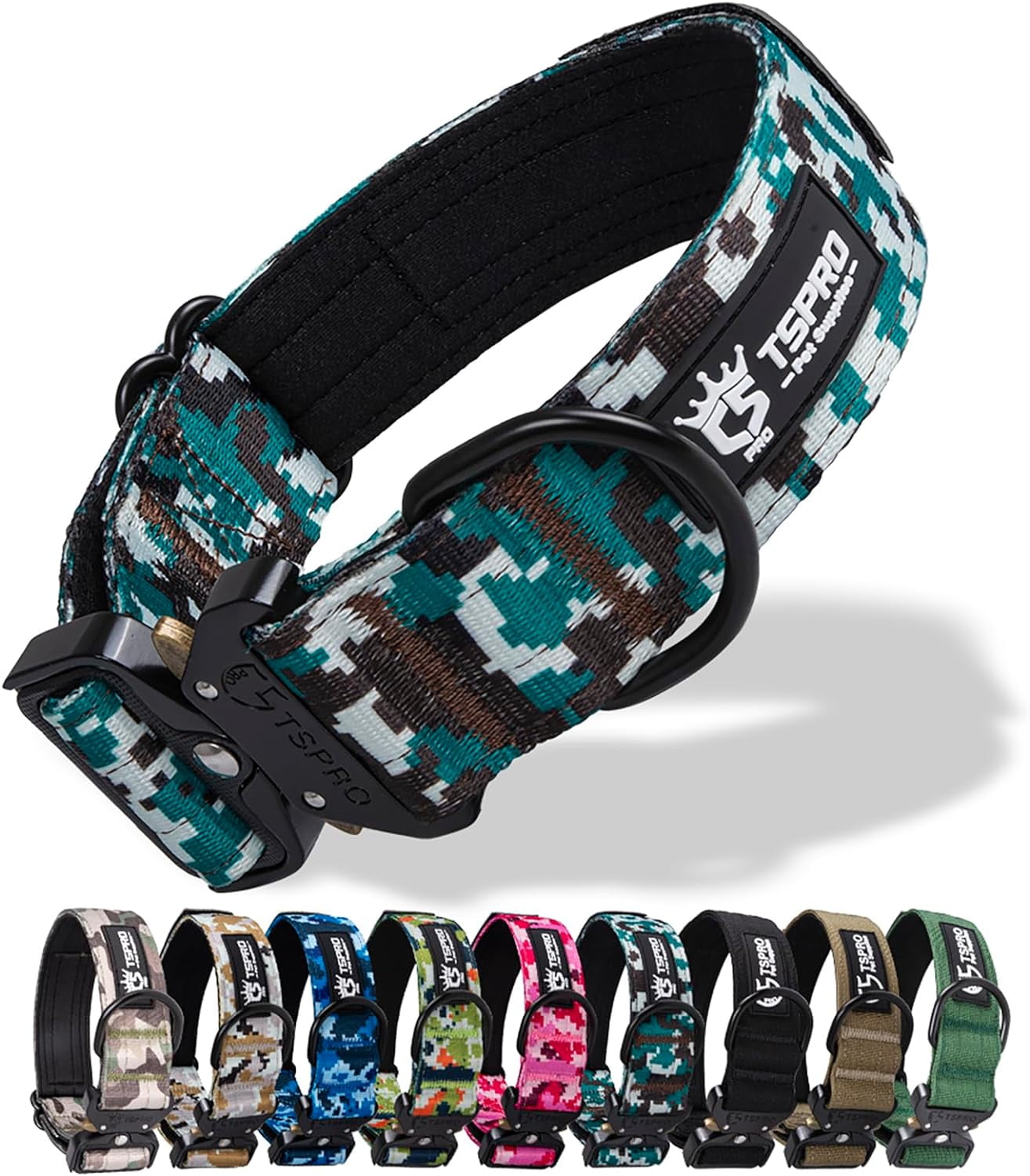 TSPRO Premium Camo Dog Collar with USA Flag Patch Thick Dog Collar Adjustable Dog Collar Heavy Duty Quick-Release Metal Buckle Dog Collar for Small or Medium to Extra Large Dogs(Camo Cyan-M)