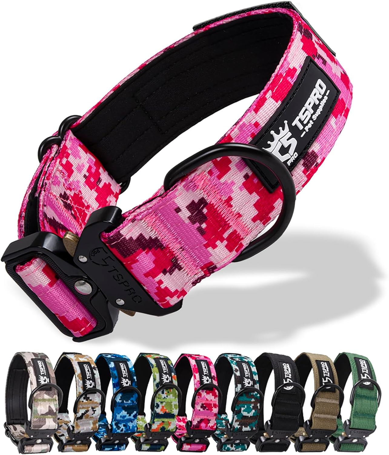 TSPRO Premium Camo Dog Collar with USA Flag Patch Thick Dog Collar Adjustable Dog Collar Heavy Duty Quick-Release Metal Buckle Dog Collar for Small or Medium to Extra Large Dogs(Camo Pink-L)