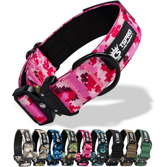 TSPRO Premium Camo Dog Collar with USA Flag Patch Thick Dog Collar Adjustable Dog Collar Heavy Duty Quick-Release Metal Buckle Dog Collar for Small or Medium to Extra Large Dogs(Camo Pink-L)