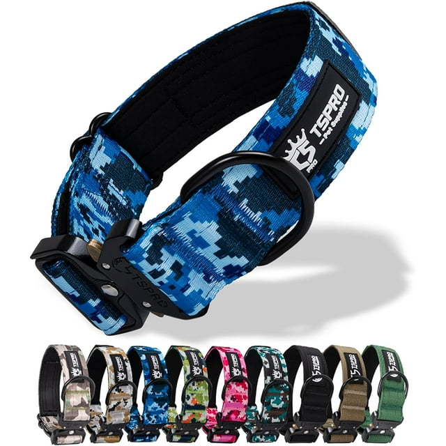 TSPRO Premium Camo Dog Collar with USA Flag Patch Thick Dog Collar Adjustable Dog Collar Heavy Duty Quick-Release Metal Buckle Dog Collar for Small or Medium to Extra Large Dogs(Camo Blue-L)