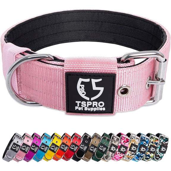 TSPRO Tactical Dog Collar 1.5 Inch Wide Dog Collar Strong Dog Collar Thick Dog Collar Heavy Duty Metal Buckle for 15.8-18.9 Inches Neck (Pink M)