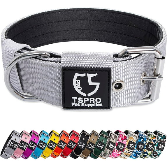 TSPRO Tactical Dog Collar 1.5 Inch Wide Dog Collar Strong Dog Collar Thick Dog Collar Heavy Duty Metal Buckle for 15.8-18.9 Inches Neck (Silver M)
