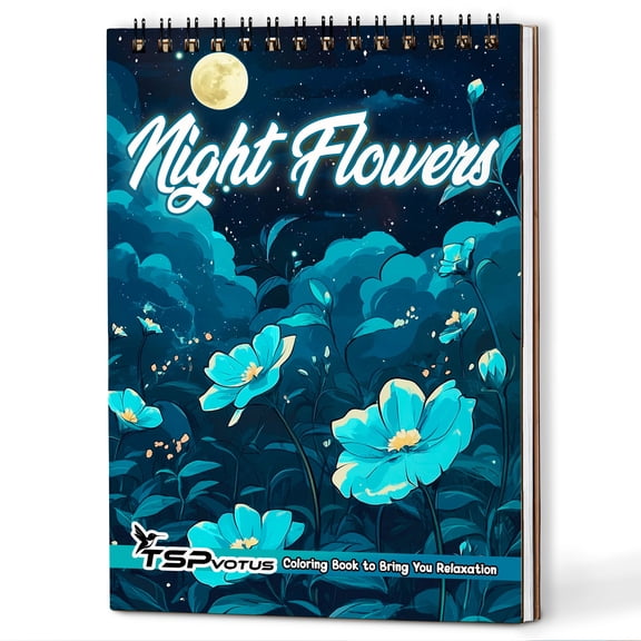 TSPVOTUS Night Flowers Spiral Bound Adult Coloring Book, A5 Wooden Cover, 30 Beautiful Botanical Bloom Coloring Pages in the Moonlight for Stress Relief and Relaxation