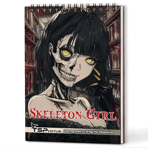 TSPVOTUS Skeleton Girl Spiral Bound Adult Coloring Book, A5 Wooden Cover, 30 Anatomic Skeleton Coloring Pages in Horror Styles for Stress Relief and Relaxation