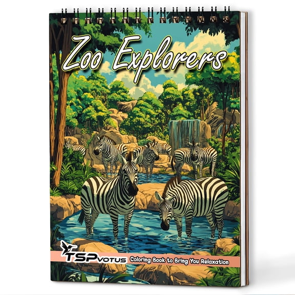 TSPVOTUS Zoo Explorers Spiral Bound Adult Coloring Book and Kids, A5 Wooden Cover, 30 Zoo Animals Coloring Pages of Discovering Animals Species for Stress Relief and Relaxation