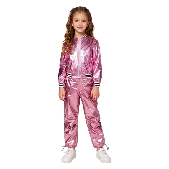 TSSOE 2-piece Jazz Dance Set for Girls Boys Metallic Hip Hop Dance Outfits Zip Up Bomber Jacket with Cargo Pants Pink 12