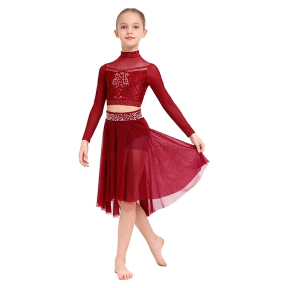 TSSOE 2-piece Lyrical Dance Outfits for Girls Sequined Long Sleeve T-shirt with Chiffon Skirt for Figure Skating Ballet Burgundy 12
