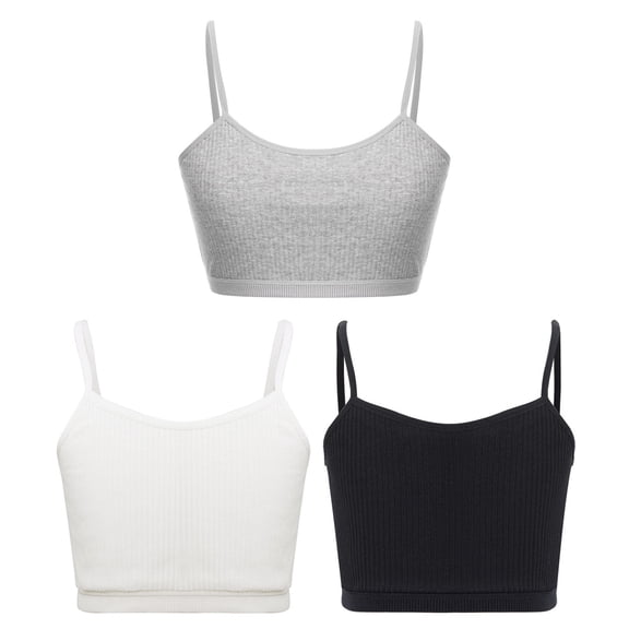 TSSOE 3Pcs/Set Kids Girls Ribbed Bra Vest Spaghetti Straps Crop Top Solid Color Camisole Underwear Black&White&Grey L