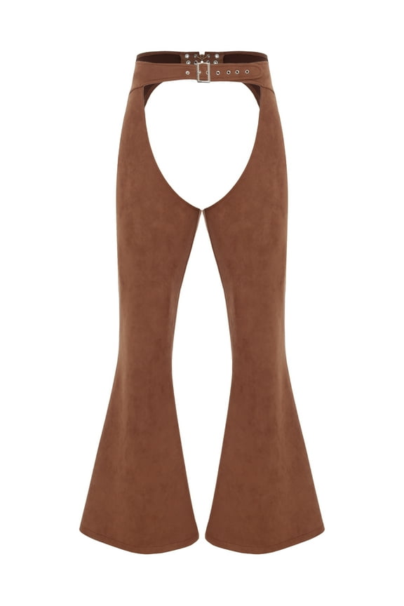 Adult Women Mens Western Faux Suede Hollow Out Trousers Wide Leg Long Pants Cowgirl Cowboy Clothes Brown XXL