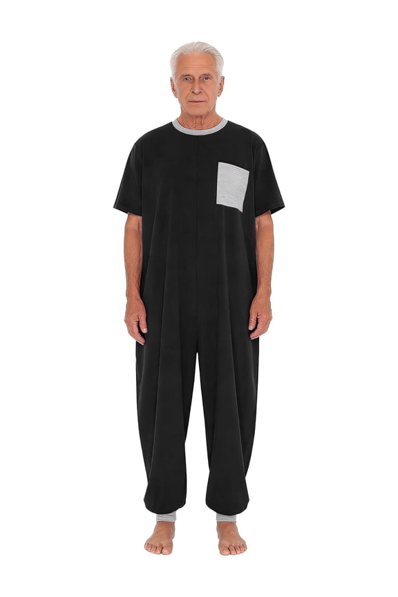 Adults Unisex Anti-Strip Adaptive Jumpsuit Crew Neck Short Sleeve Back Zipper Jogger Pants One-piece Rompers Black 3XL