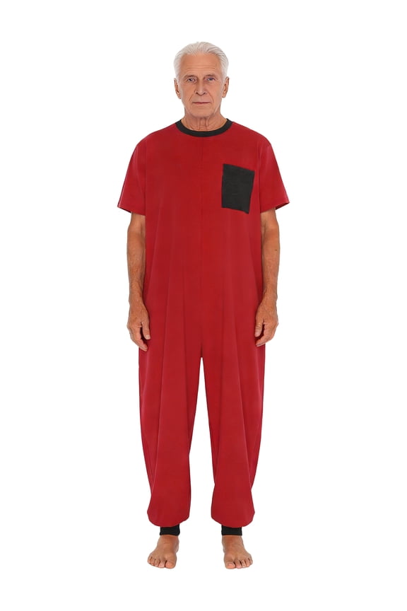 Adults Unisex Anti-Strip Adaptive Jumpsuit Crew Neck Short Sleeve Back Zipper Jogger Pants One-piece Rompers Red 3XL