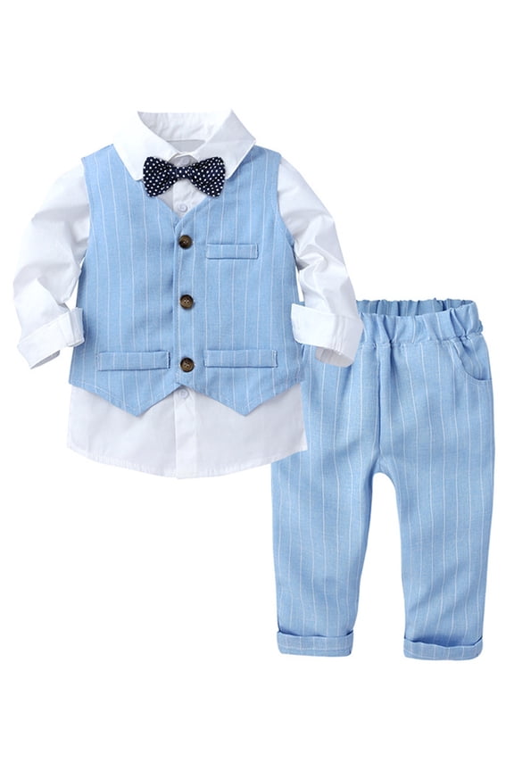 Baby Boys Toddler Party Suit Long Sleeve Bowtie Lapel Dress Shirt Pant Vest Formal Outfit Set Blue 70