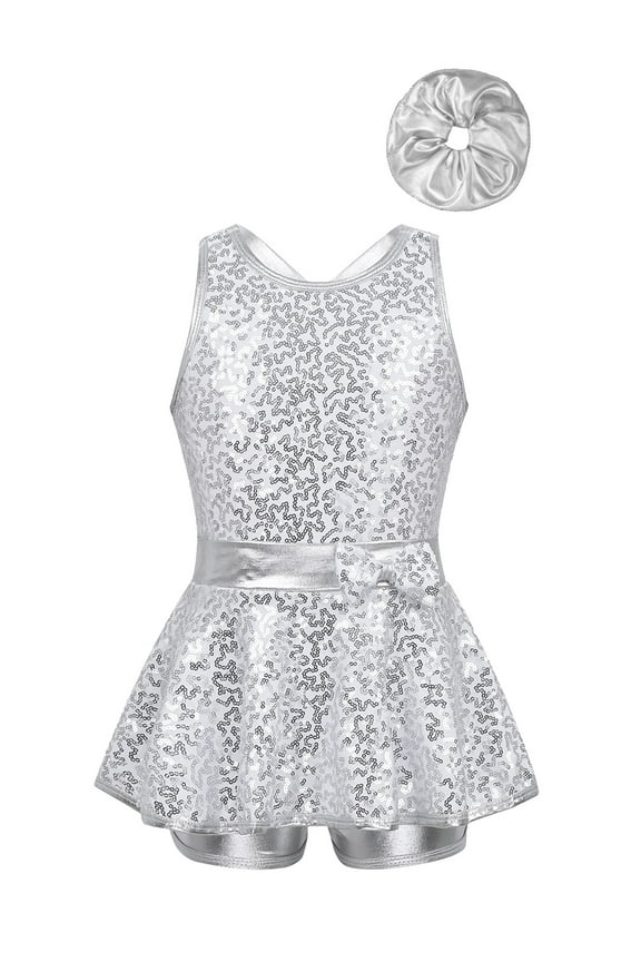 Ballet Dance Leotard Dress for Girls Jazz Hip Hop Latin Modern Dancing Clothes Cheerleading Uniform 6-16 Years Silver 6