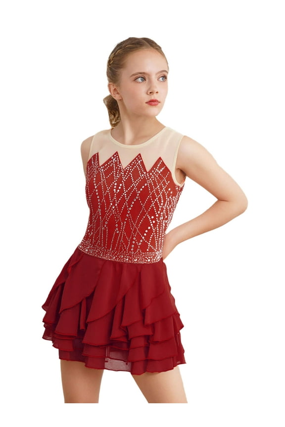 Ballet Dance Leotard for Girls Shiny Rhinestones Gymnastic Jersey Dancewear Lyrical Figure Ice Skating Dresses Burgundy 4
