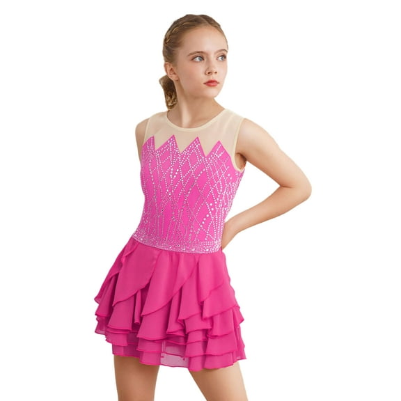 TSSOE Ballet Dance Leotard for Girls Shiny Rhinestones Gymnastic Jersey Dancewear Lyrical Figure Ice Skating Dresses Hot Pink 4