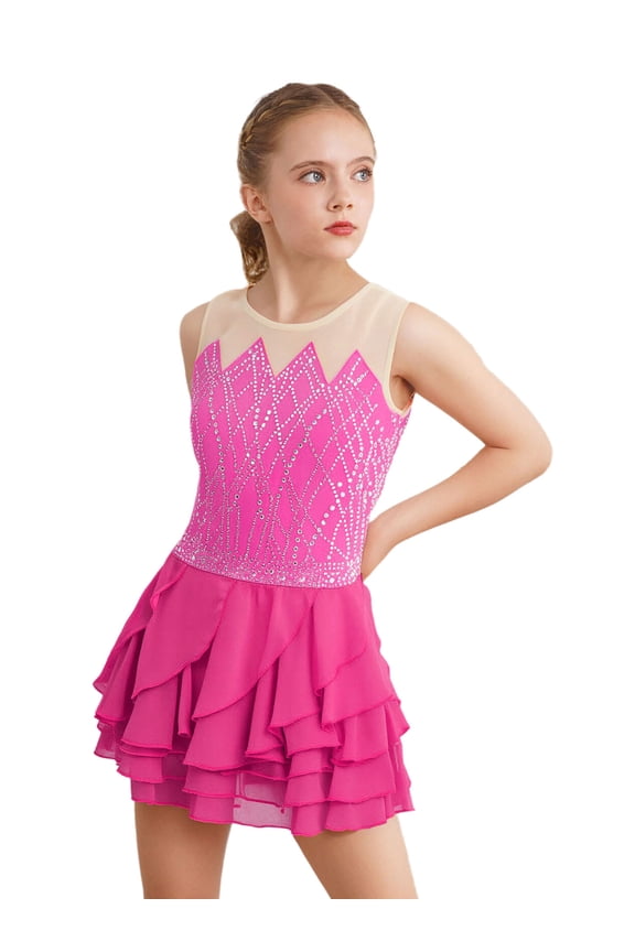 Ballet Dance Leotard for Girls Shiny Rhinestones Gymnastic Jersey Dancewear Lyrical Figure Ice Skating Dresses Hot Pink 4