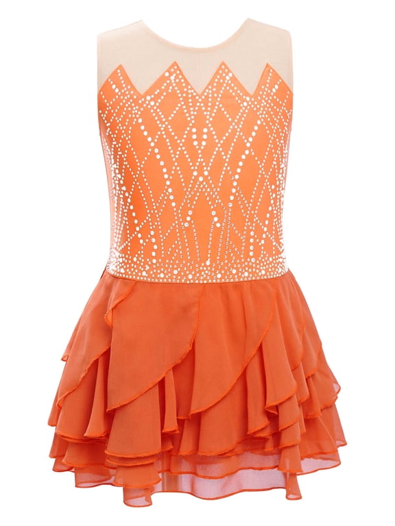 Ballet Dance Leotard for Girls Shiny Rhinestones Gymnastic Jersey Dancewear Lyrical Figure Ice Skating Dresses Orange 4