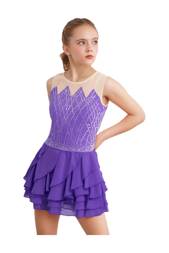 Ballet Dance Leotard for Girls Shiny Rhinestones Gymnastic Jersey Dancewear Lyrical Figure Ice Skating Dresses Purple 4