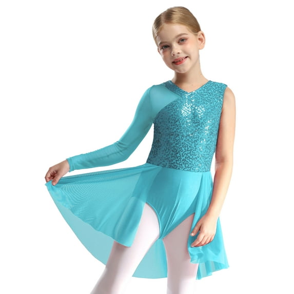 TSSOE Ballet Tutu Dress for Kids Girls Lyrical Jazz Latin Dance Clothes Modern Dancewear Sparkly Bodysuit Light Blue 14
