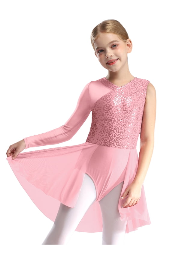 Ballet Tutu Dress for Kids Girls Lyrical Jazz Latin Dance Clothes Modern Dancewear Sparkly Bodysuit Pink 12