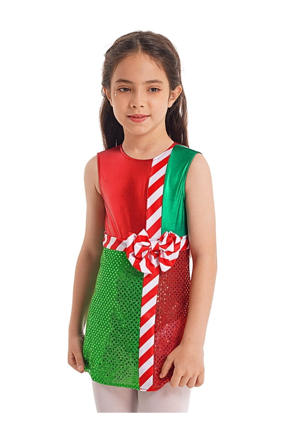 Big Girls Christmas Ballet Dance Dress Sleeveless Metallic Sequins Striped Cutout Leotard Dress Red 12