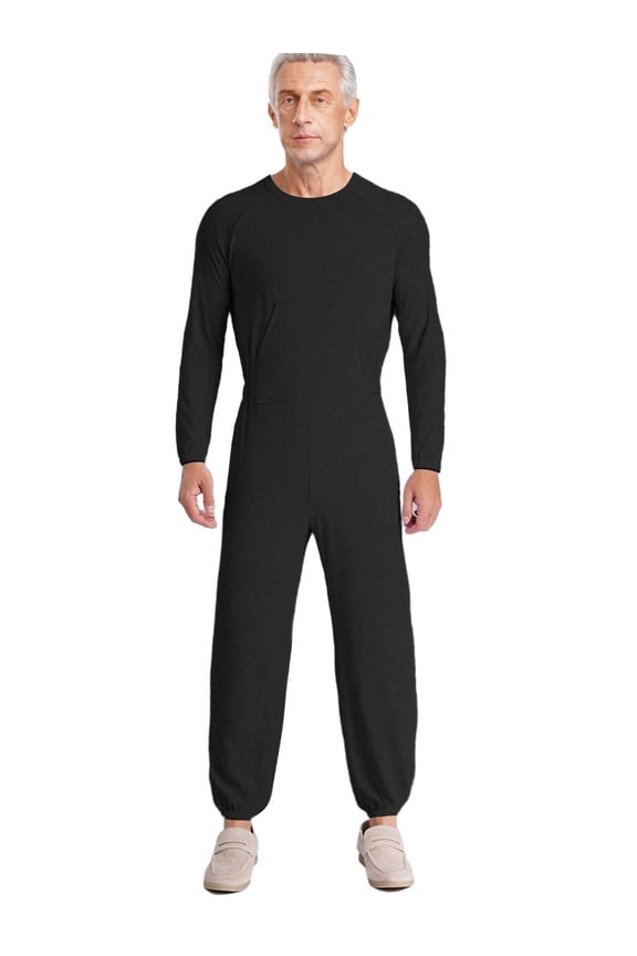 Men's Anti-strip Adaptive Jumpsuit One Piece Crew Neck Long Sleeve Rompers Nursing Jumpsuit Black S