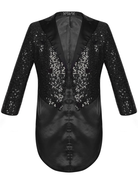 Boys Classic Tuxedo Shiny Sequin Blazer Tailcoat Swallowtail Long Sleeve Suit Jacket Stage Black 10